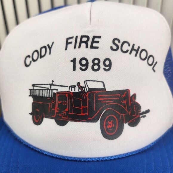 VTG 1989 Cody Fire School Snapback Trucker Hat Cap Blue White Rope Mesh Wyoming - Picture 3 of 11